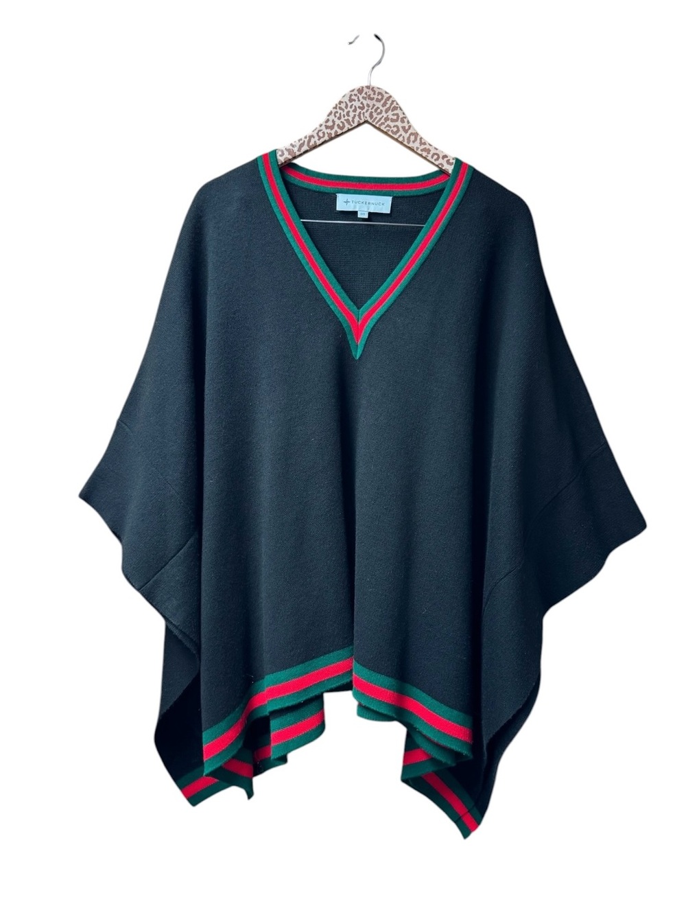 Tuckernuck Camden Knit Poncho Short Sleeve Knit Pullover Black Red Green OS - Picture 3 of 11